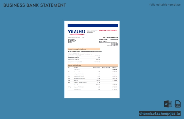 Mizuho Financial Group Bankkontoauszug (Word- und PDF-Beispiel)